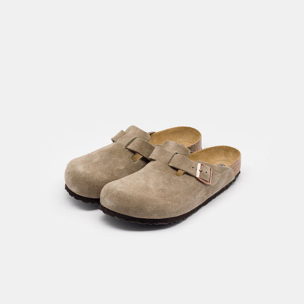 Boston Suede Soft Footbed Mule in Taupe