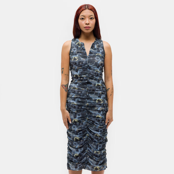 GANNI Printed Mesh Ruched Sleeveless Midi Dress in Brunnera Blue