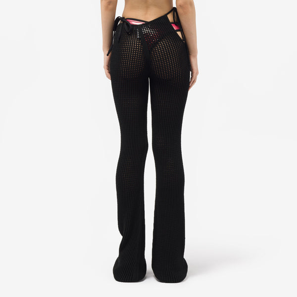 Fishnet Knit Low Waist Flare Pants in Black