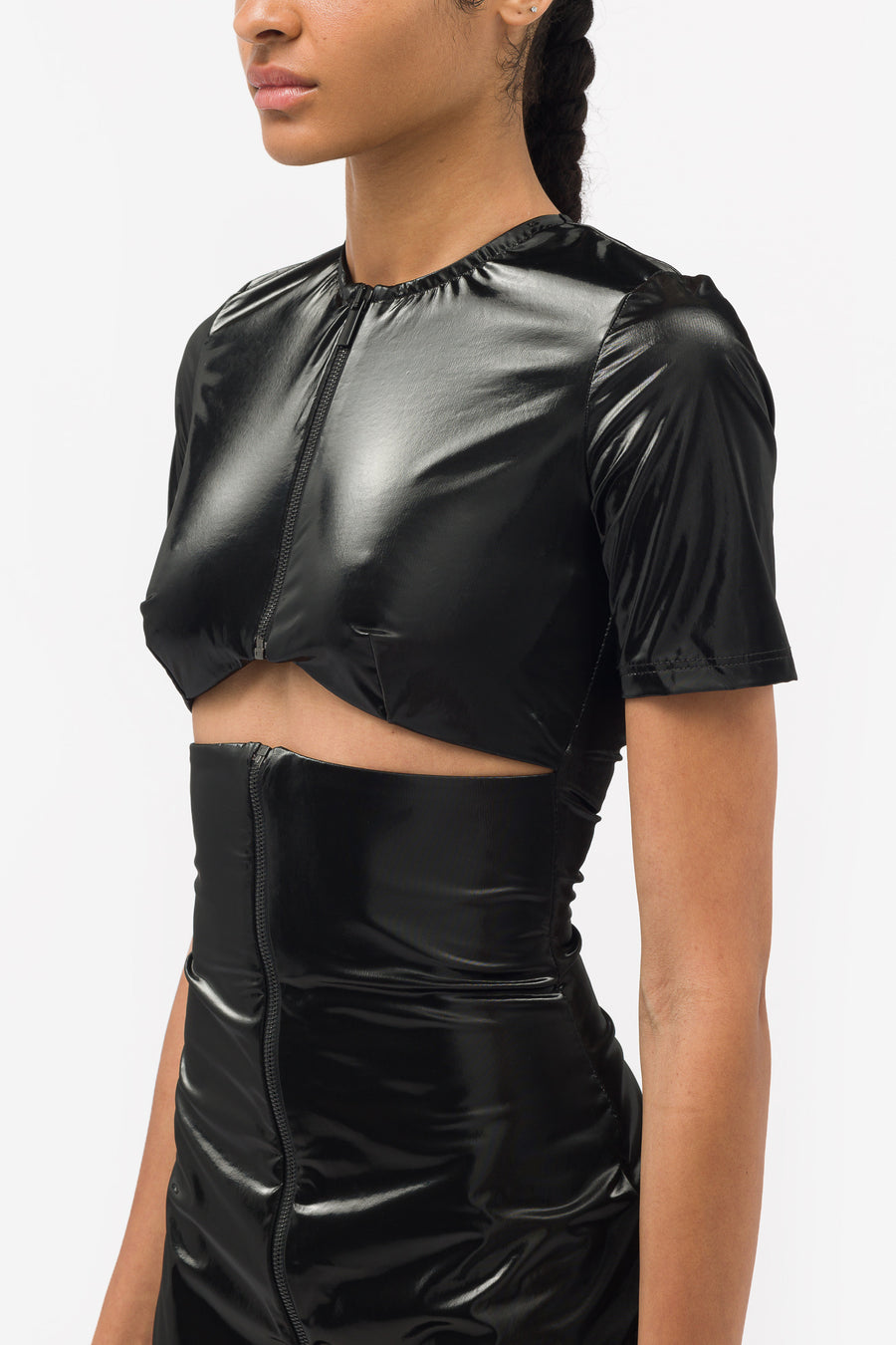Isabelle Vegan Leather Short Sleeve Mini Dress in Black